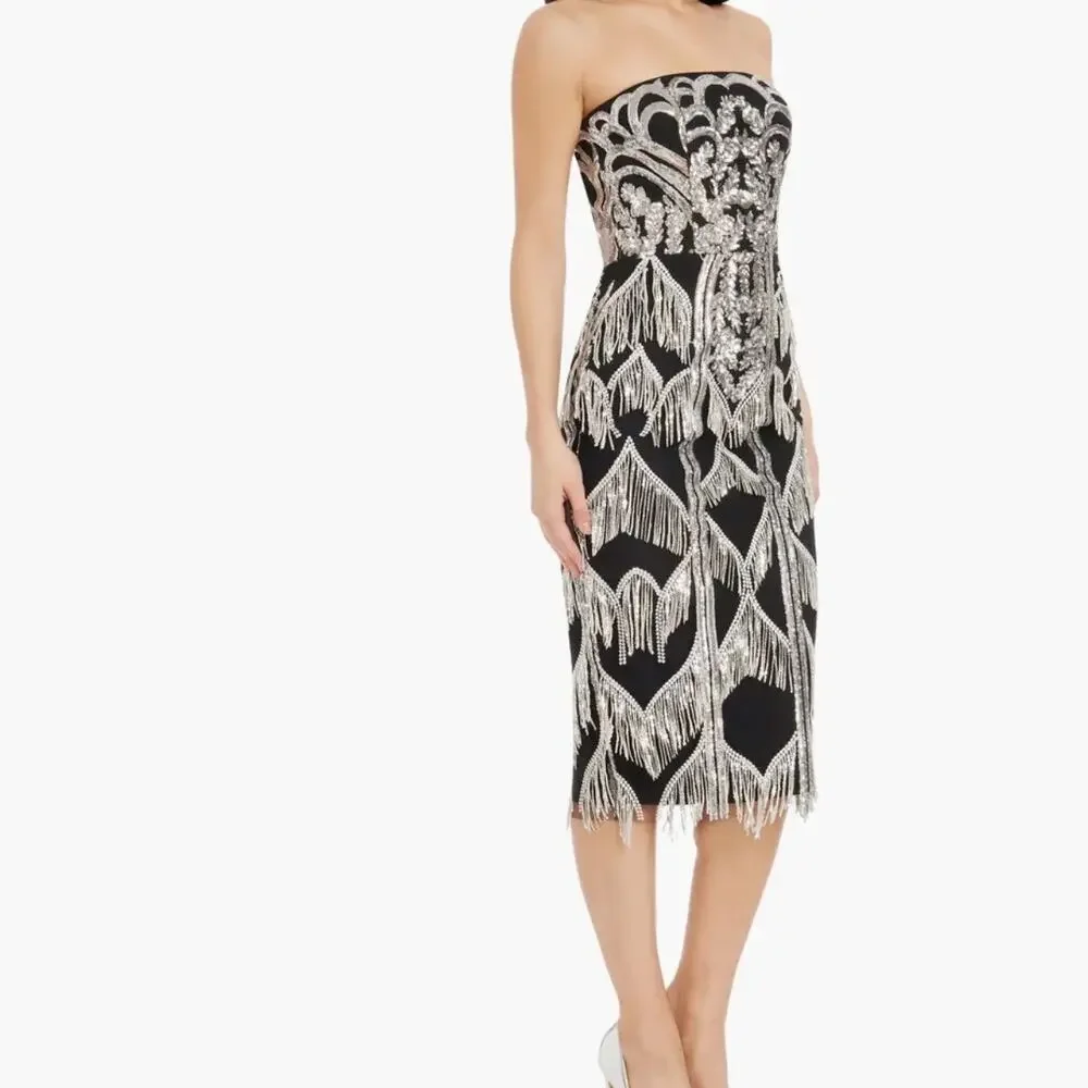 Dress the Population Black Viviana Sequin Fringe Strapless Midi Dress Sz XXL - Picture 7 of 13